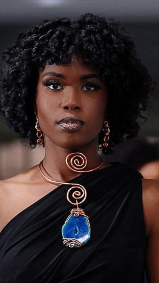 Blue Agate Necklace w/ Spiral Choker & Earrings